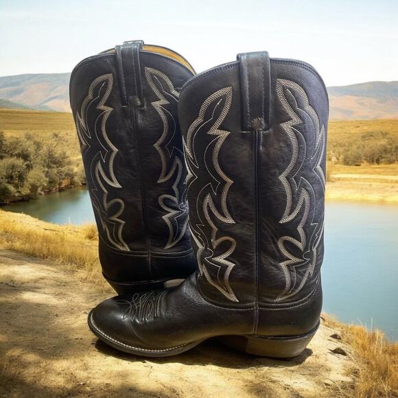 Nocona Boots Other - Nocona Cowboy Boots Size 11.5 11 1/2 D Black Leather Stitching Mens Western EUC